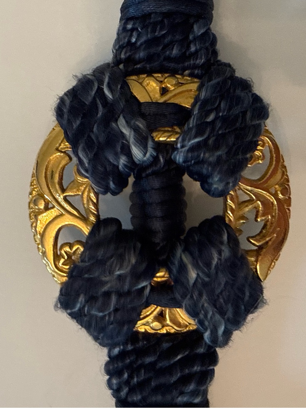 Women's Blue and tan macrame Style Stretchy Belt with Gold Colored Accents